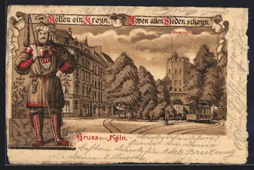 Lithographie Köln, Severinstor, Strassenbahn