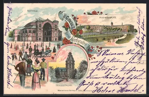 Lithographie Karlsruhe, Festhalle, Friedrichsplatz, Schlossturm