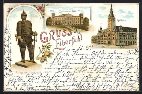 Lithographie Elberfeld, Bismarck-Denkmal, Zoologischer Garten, Rathaus