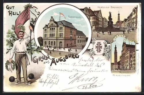 Lithographie Augsburg, Turnhalle, Herkules-Brunnen, Rathaus