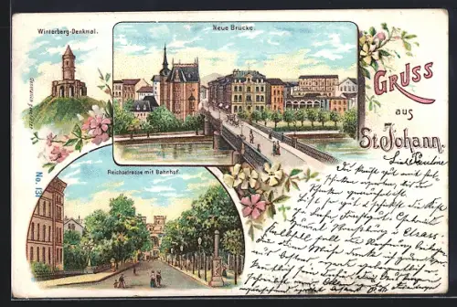 Lithographie St. Johann / Saar, Winterberg-Denkmal, Neue Brücke, Reichsstrasse mit Bahnhof