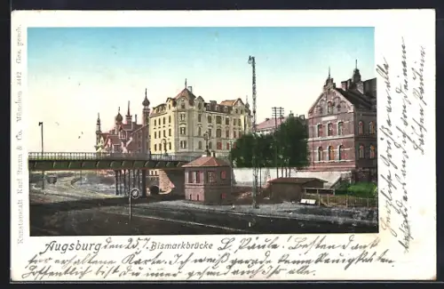 Goldfenster-AK Augsburg, Bismarckbrücke mit leuchtenden Fenstern