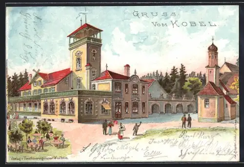 Lithographie Kobel, Gasthaus und Kirche