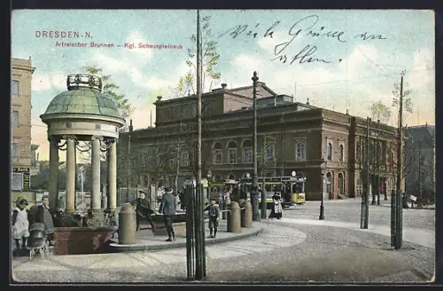 AK Dresden-N., Artesischer Brunnen, Kgl. Schauspielhaus, Strassenbahn