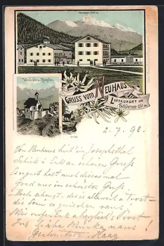 Lithographie Neuhaus am Schliersee, Wendelstein-Kirchlein, Ortsansicht gegen die Berge