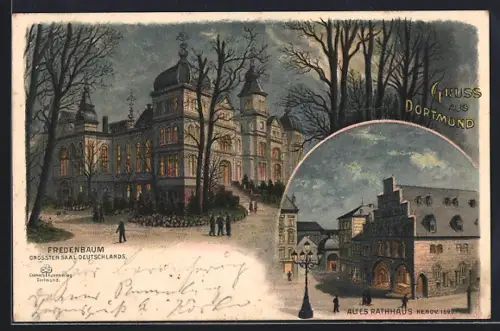 Mondschein-Lithographie Dortmund, Gasthaus Fredenbaum, Altes Rathaus