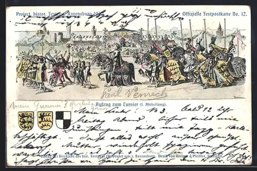 Lithographie Ravensburg, Historischer Festzug 1902, Aufzug zum Turnier