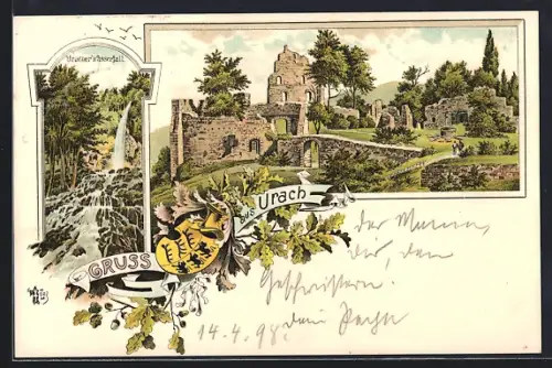Lithographie Urach, Wasserfall, Burgruine