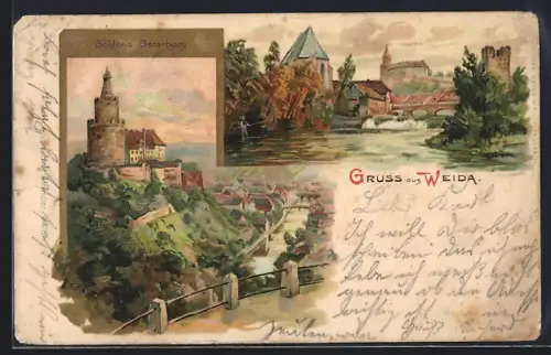 Lithographie Weida / Thür., Schloss Osterburg, Flusspartie mit Brücke
