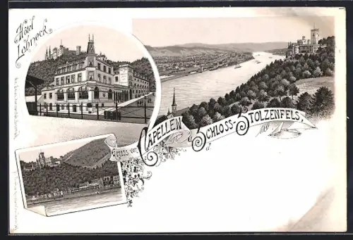 Lithographie Kapellen / Koblenz, Schloss Stolzenfels, Hotel Lahneck, Rheinansicht