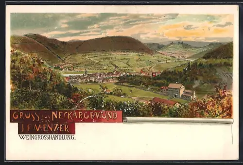 Lithographie Neckargemünd, Ortsansicht mit Hügeln