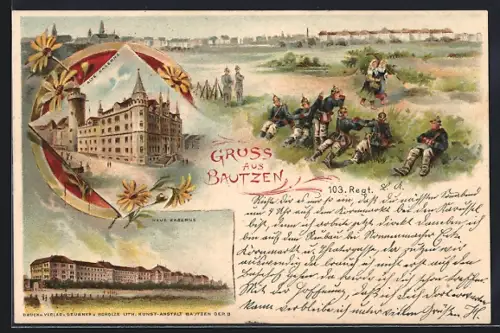 Lithographie Bautzen, Neue Kaserne, Soldaten des 103. Regiment