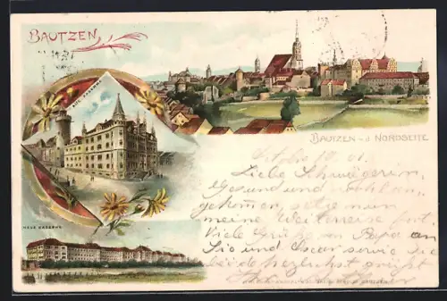 Lithographie Bautzen, Neue Kaserne, Alte Kaserne, Ansicht v. d. Nordseite