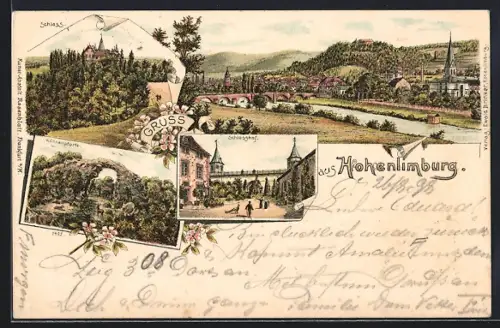 Lithographie Hohenlimburg, Schloss, Schlosshof, Flusspartie mit Brücke