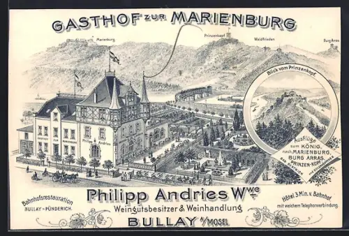 Lithographie Bullay a. Mosel, Gasthof zur Marienburg, Blick vom Prinzenkopf