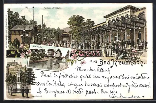 Lithographie Bad Kreuznach, Kurhaus, Alte Brücke, Denkmal
