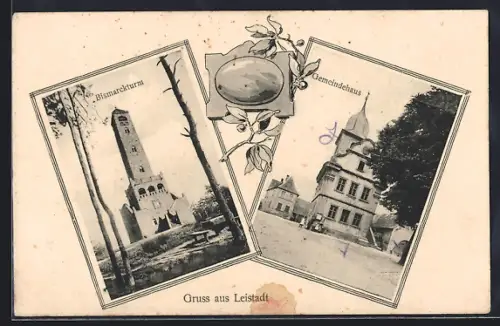 AK Leistadt, Bismarckturm, Gemeindehaus