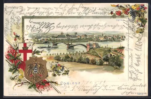Passepartout-Lithographie Koblenz, Rheinbrücke und Stadtpanorama