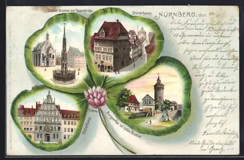 Passepartout-Lithographie Nürnberg, Schöner Brunnen mit Frauenkirche, Dürerhaus, Burgpartie im Kleeblatt-Passepartout