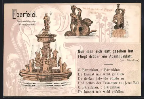 Lithographie Elberfeld, Monumentalbrunnen auf dem Neumarkt