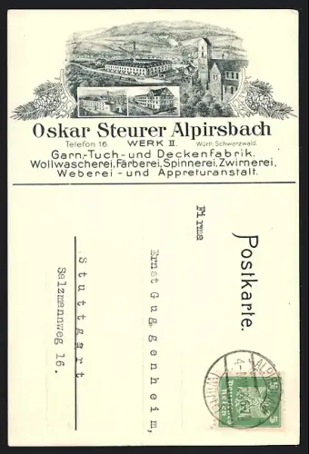 Lithographie Alpirsbach, Garn-Tuch- und Deckenfabrik Oskar Steurer