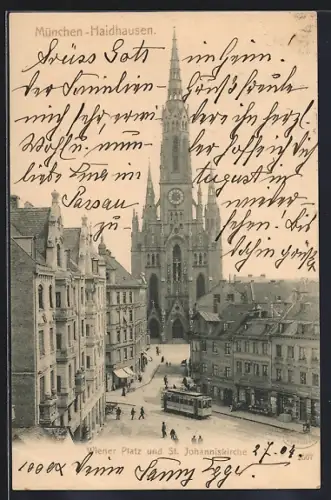AK München-Haidhausen, Wiener Platz, St. Johanniskirche, Strassenbahn