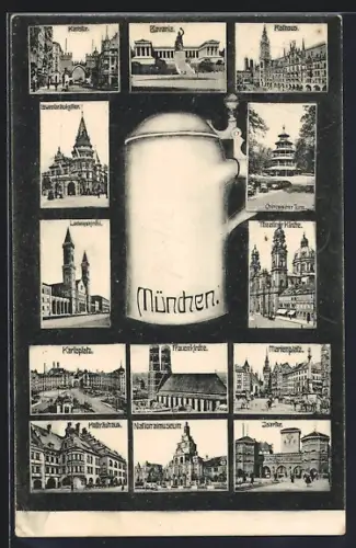 Grusskarten-AK München, Karlsplatz, Rathaus, Marienplatz, Nationalmuseum, Isartor, Chinesischer Turm