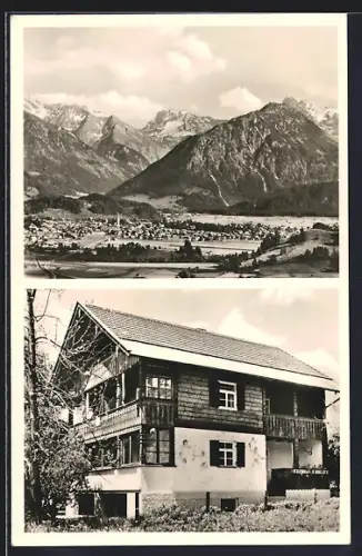 AK Oberstdorf /Allg., Gasthaus Haus Jahreszeiten, Ortsansicht mit Bergpanorama