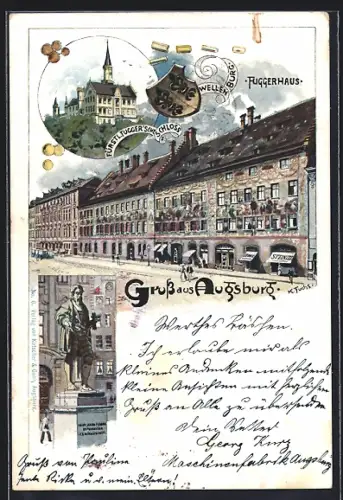 Lithographie Augsburg, Fuggerhaus, Fürstl. Schloss