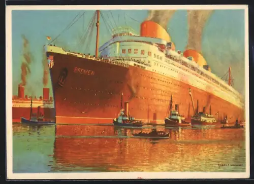 Künstler-AK Robert Schmidt: Passagierschiff Bremen des Norddeutscher Lloyd im Hafen