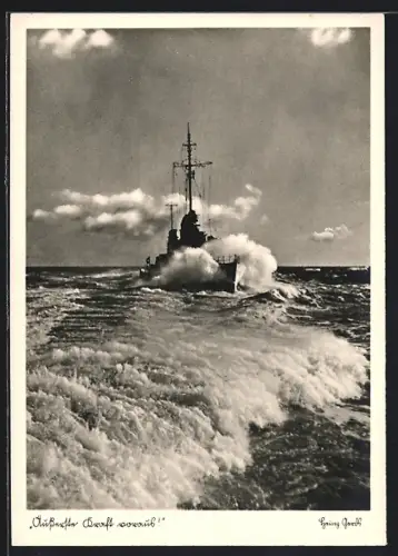 AK Äusserste Kraft voraus!, Schiff der Kriegsmarine in voller Fahrt