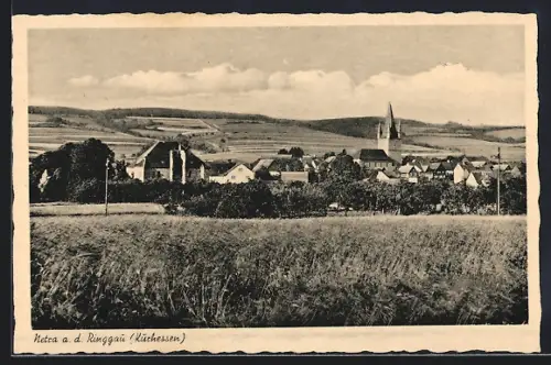 AK Netra a. d. Runggau /Küchessen, Ortsansicht mit Kirche und umliegender Landschaft