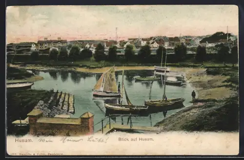 AK Husum / Nordsee, Blick auf Husum, Segelboote am Hafen