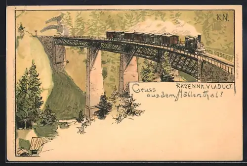 Künstler-AK Höllental / Schwarzwald, Ravenna-Viadukt, Eisenbahnbrücke, Zug