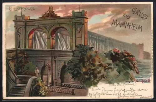 Künstler-AK Mannheim, Rheinbrücke