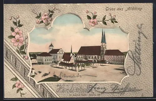 AK Altötting, Stadtplatz mit Kirche und umliegenden Gebäuden, Verziertes Passepartout