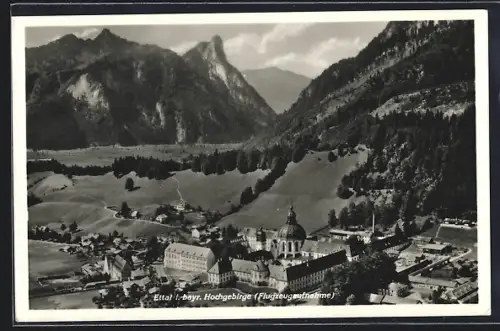 AK Ettal i. bayer. Hochgebirge, Teilansicht mit Kloster, Fliegeraufnahme