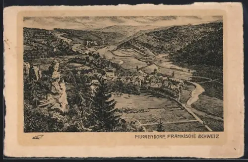 Künstler-AK Muggendorf /Fränkische Schweiz, Teilansicht mit Felsen