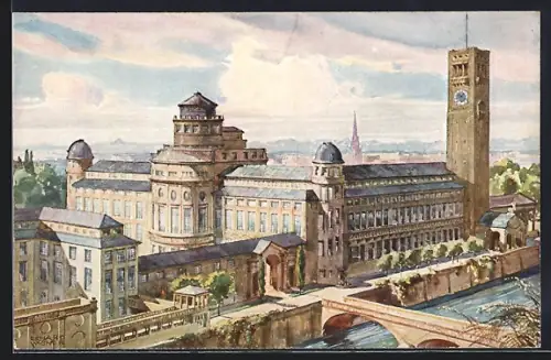 Künstler-AK München, Nordwest-Ansicht des Deutschen Museums