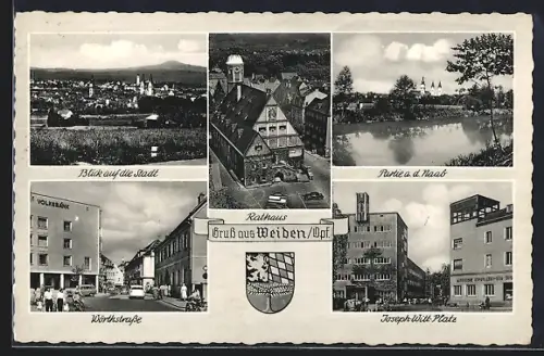AK Weiden /Opf., Wörthstrasse mit Volksbank, Rathaus, Joseph-Witt-Platz
