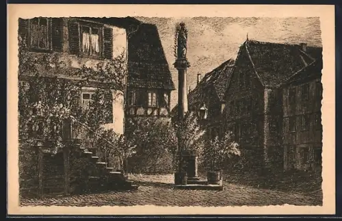 Künstler-AK Amorbach, Mariensäule auf dem Marktplatz