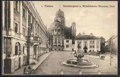 AK Passau, Dom am Residenzplatz mit Wittelsbacher Brunnen