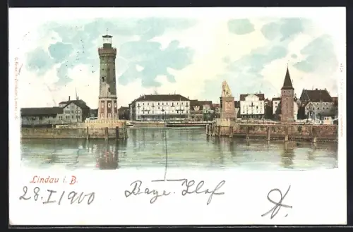 AK Lindau i. B., Blick auf den Ort durch die Hafeneinfahrt