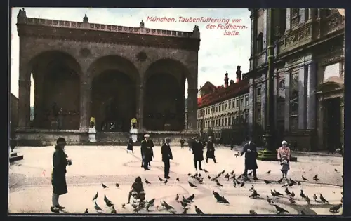 AK München, Taubenfütterung vor der Feldherrnhalle