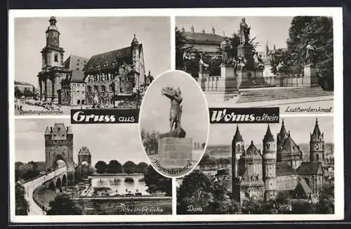 AK Worms a. Rhein, Dreifaltigkeitskirche, Dom, Rheinbrücke