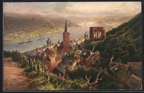 AK Bacharach, Ortsansicht mit Schiffen auf dem Rhein