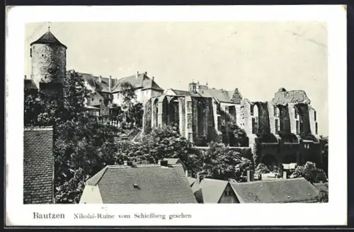 AK Bautzen, Nikolai-Ruine vom Schiessberg gesehen