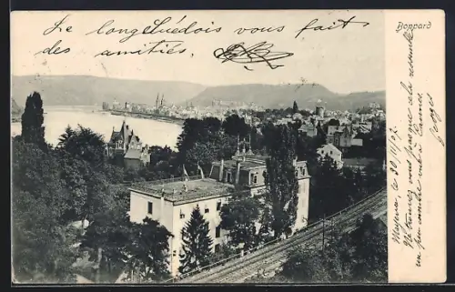AK Boppard, Blick auf Stadt, Schienen und Fluss