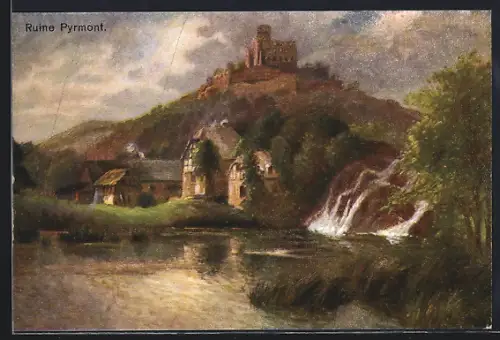 AK Pyrmont, Wasserfall, Ruine, Häuser am Fluss