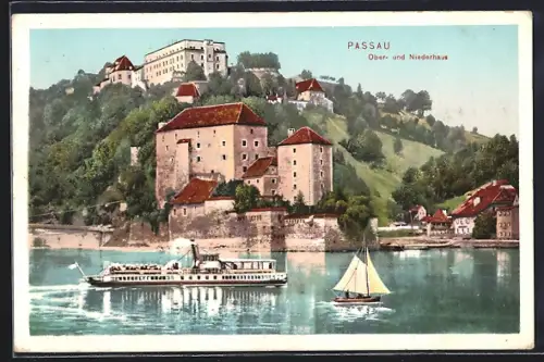 AK Passau, Ober- und Niederhaus, Dampfschiff, Segelboot